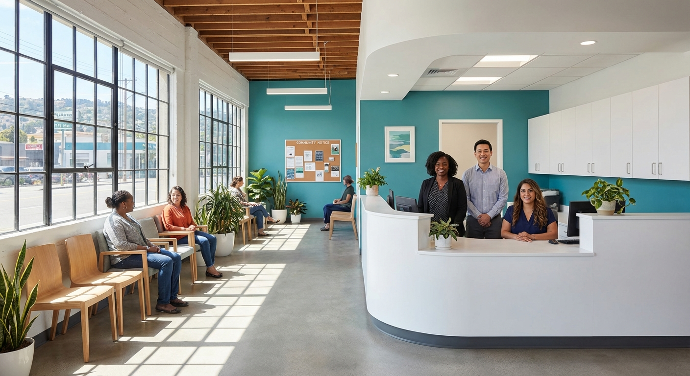 Friendly urgent care clinic waiting room at CityHealth in Oakland California
