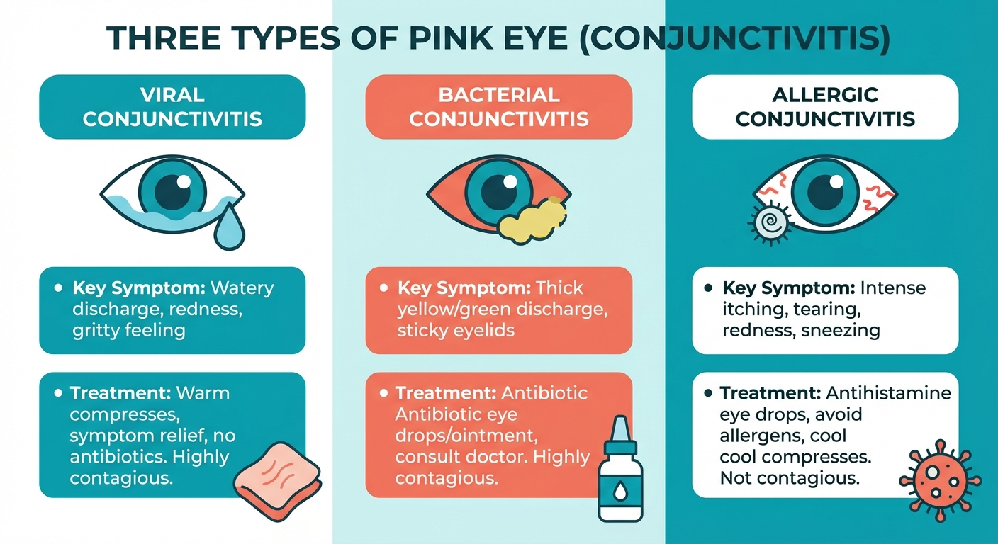 Infographic comparing three types of pink eye: viral, bacterial, and allergic conjunctivitis