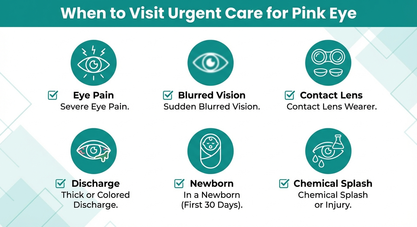 Infographic showing when to go to urgent care for pink eye symptoms