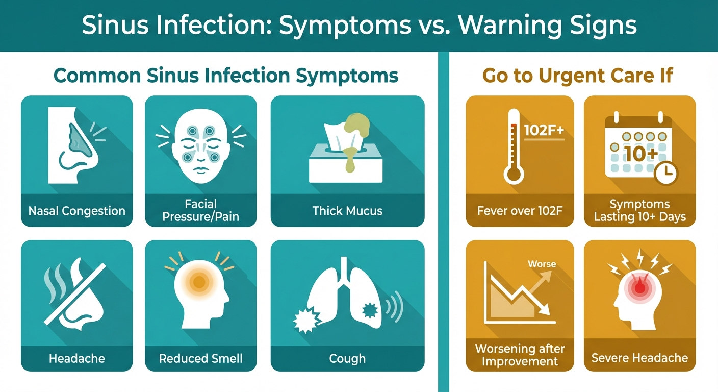 Infographic showing common sinus infection symptoms and warning signs indicating when to visit sinus infection urgent care
