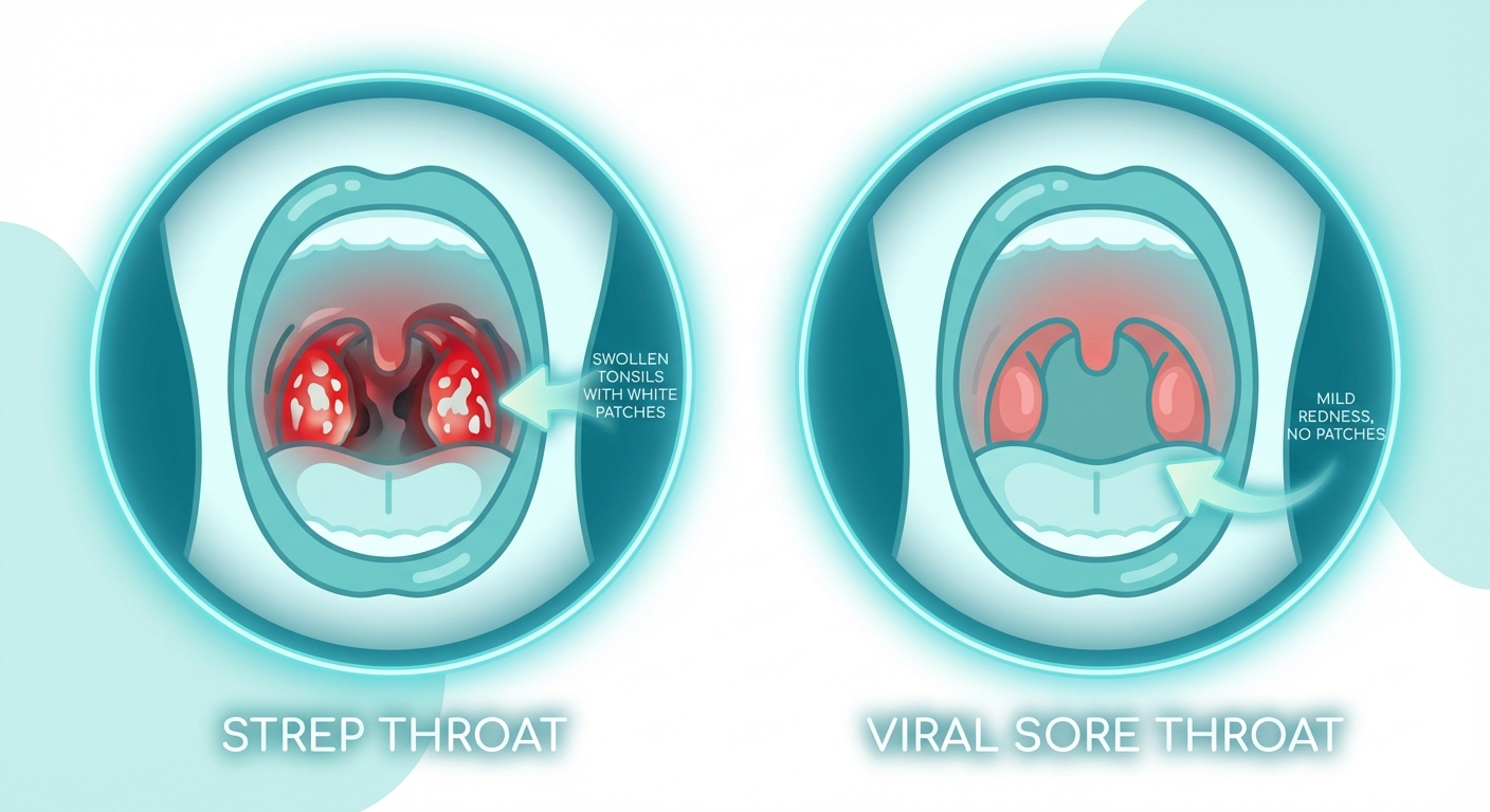 Strep throat vs viral sore throat — medical illustration comparing symptoms of each condition
