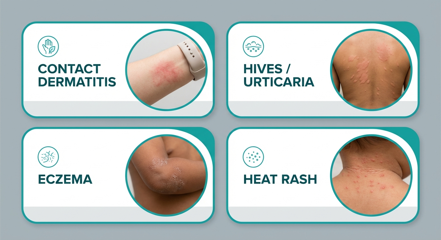 Common skin rash types including contact dermatitis, hives, and eczema shown on diverse skin tones