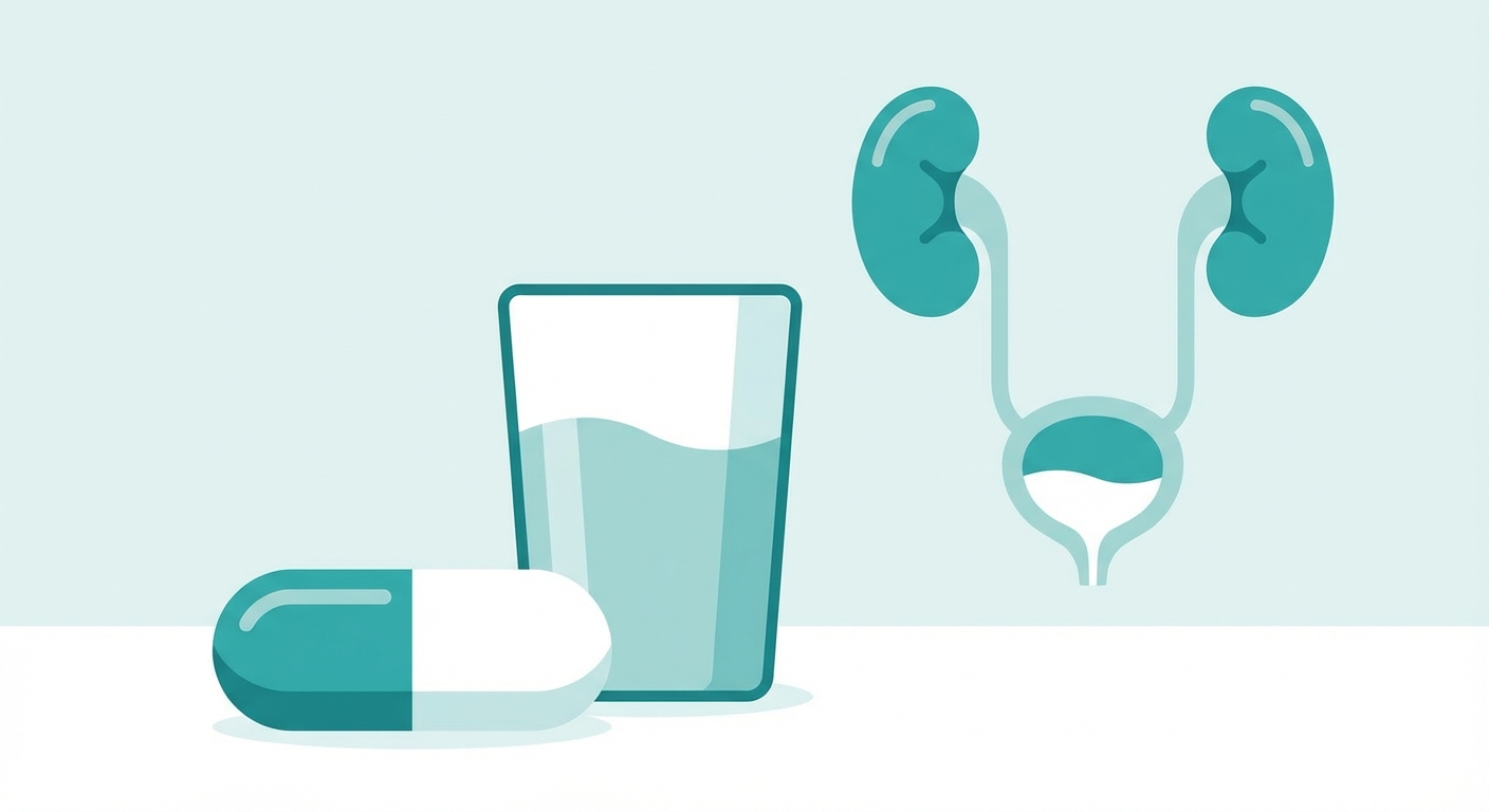 Urgent care for UTI treatment — medical illustration of antibiotic capsule with urinary tract icons representing recovery