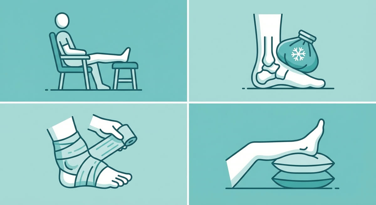 Illustration of the RICE method for treating a sprained ankle: rest, ice, compression, elevation