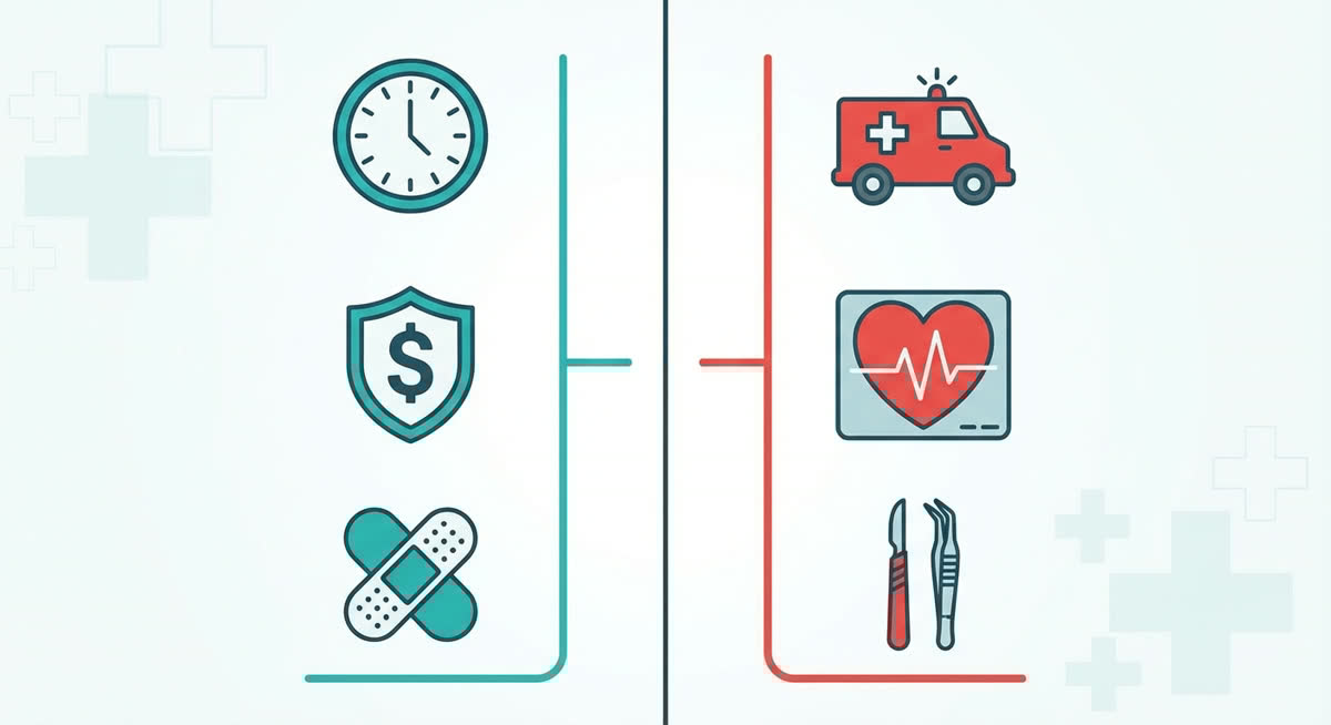 Infographic comparing urgent care vs ER: cost, speed, and types of conditions treated