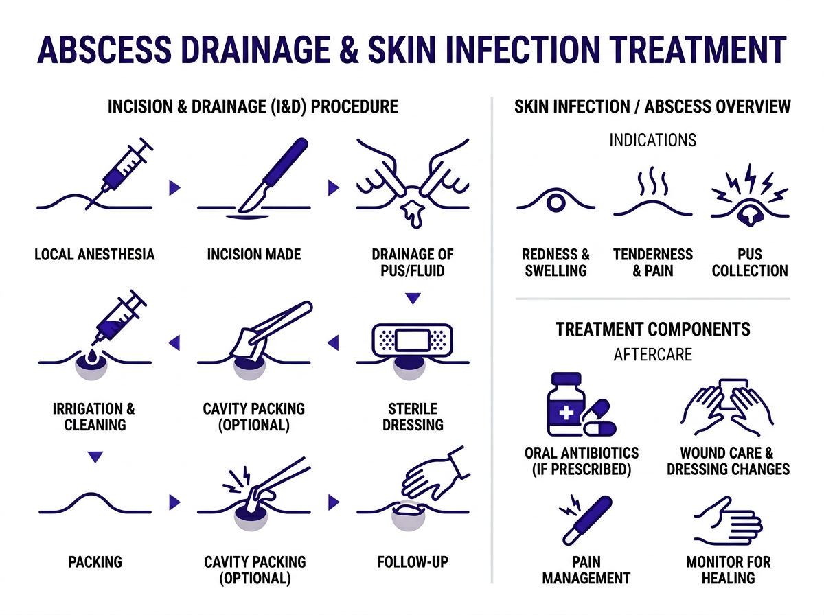 Infographic showing signs of a skin abscess that needs urgent care drainage