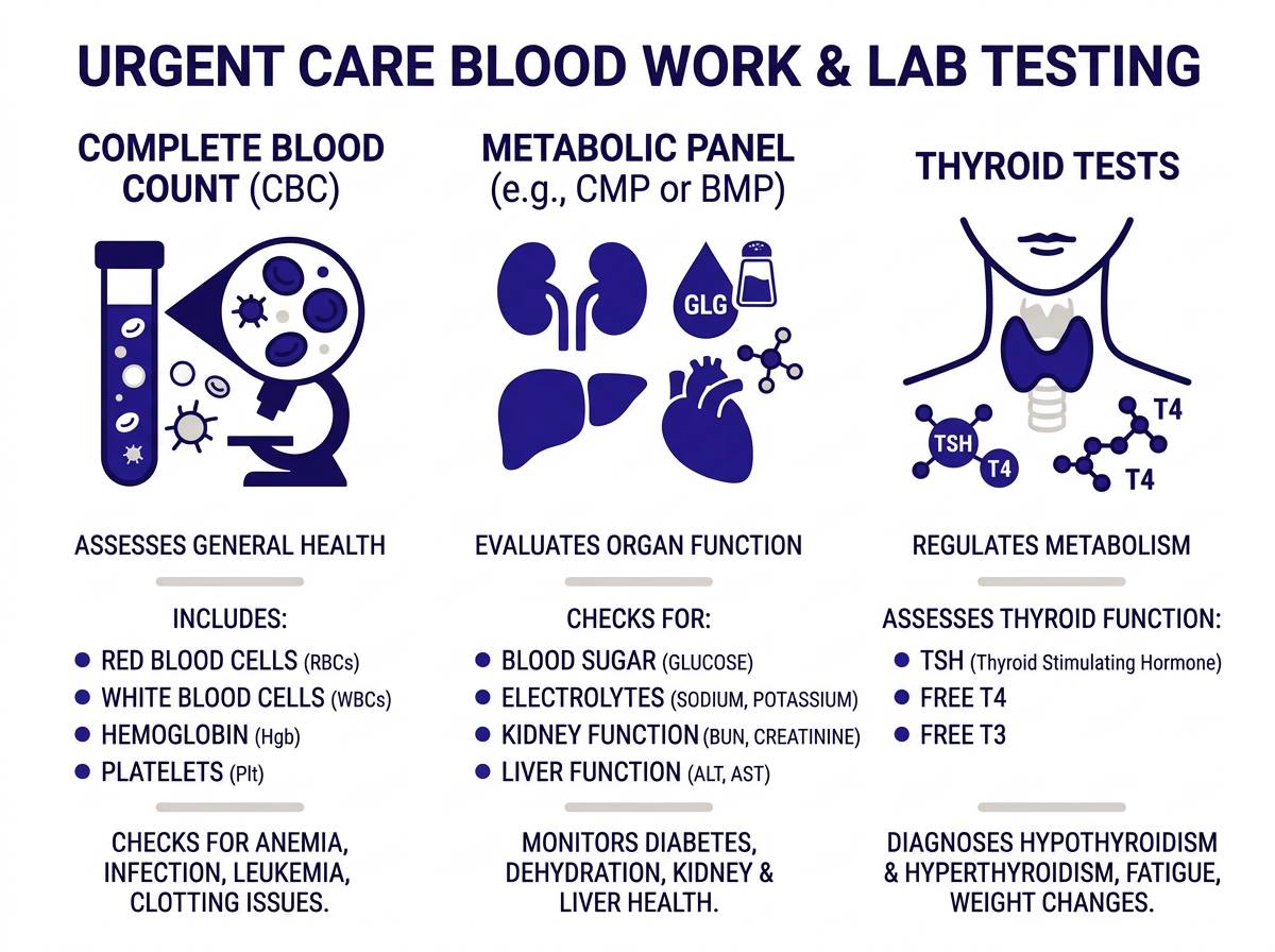 Infographic showing common urgent care blood work tests and what they check