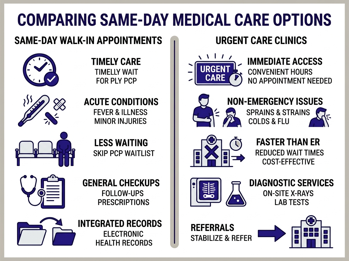 Infographic showing conditions treated at same day doctor appointment urgent care