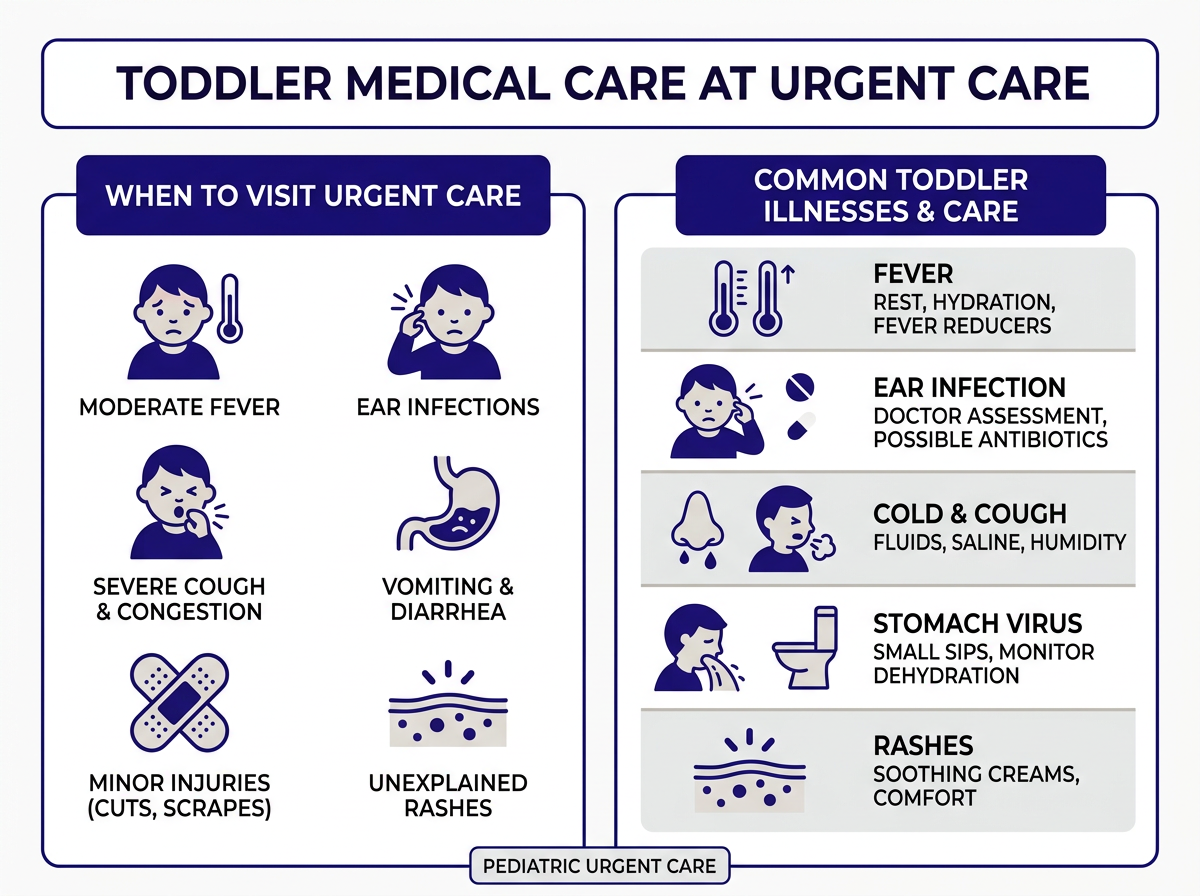 Common reasons for toddler urgent care visits including ear infections and fevers