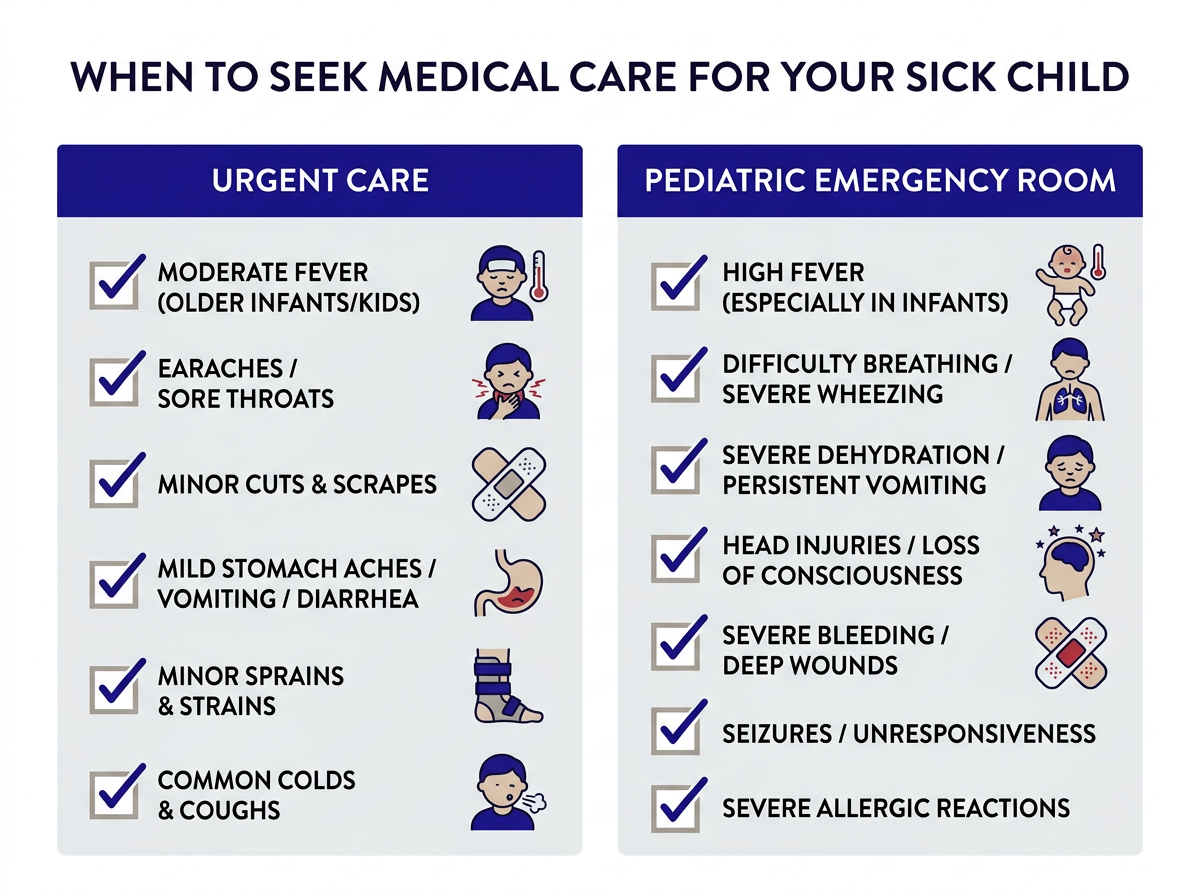 Quick reference guide for when to take child to urgent care vs staying home vs going to ER