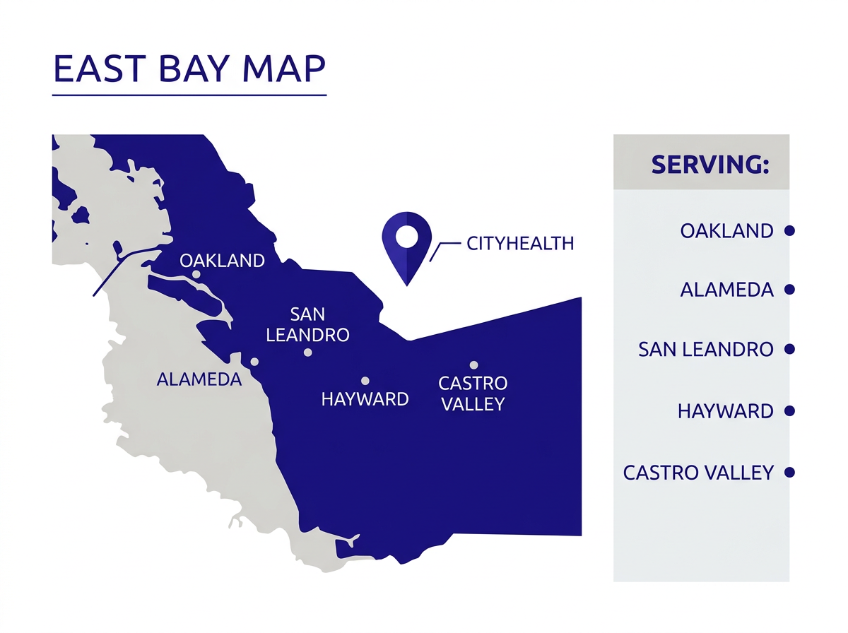 Mapa del East Bay con ubicación de CityHealth en San Leandro sirviendo Oakland, Hayward, Castro Valley y Alameda