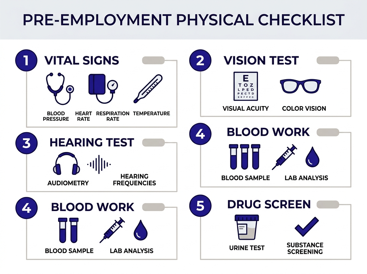 Infografía de examen fisico para trabajo: signos vitales, visión, audición, labs y prueba de drogas