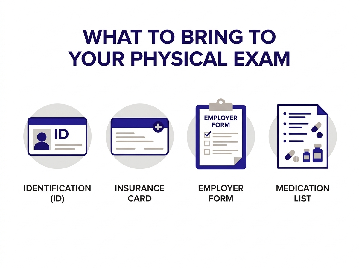 Infografía de qué llevar al examen de empleo: ID, seguro, forma del empleador, lista de medicinas