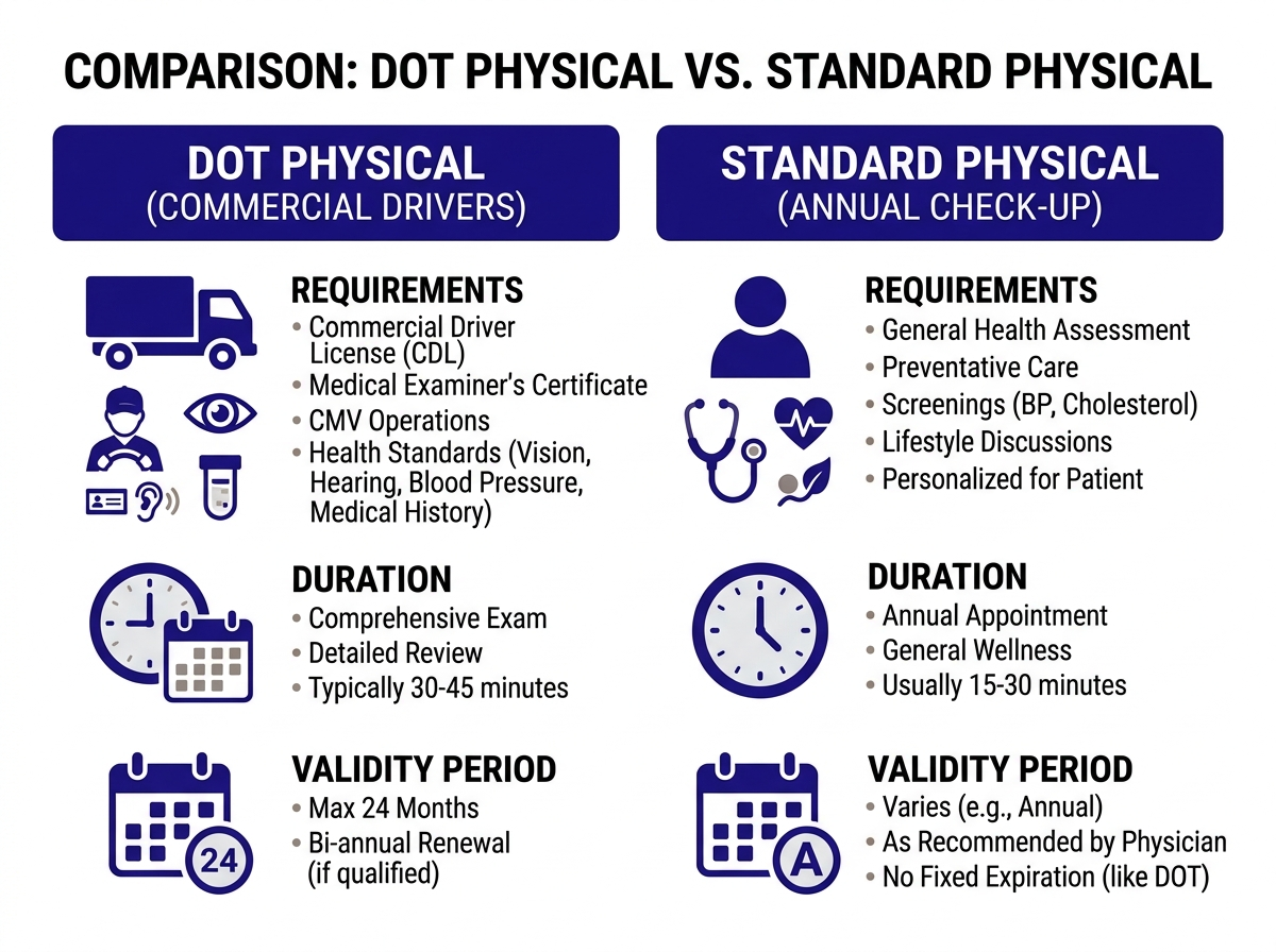 Infografía del examen DOT vs examen de empleo estándar: requisitos, tiempo y validez