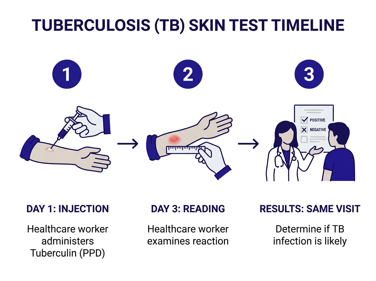 Infografía del proceso paso a paso de la prueba de tuberculosis: inyección día 1, lectura día 3, resultados en la misma visita