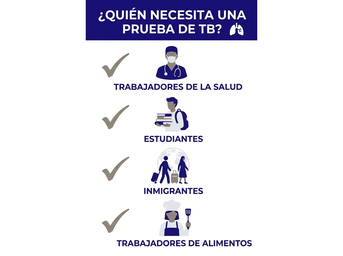 Infografía mostrando quién necesita prueba de tuberculosis: trabajadores de salud, estudiantes, inmigrantes, trabajadores de alimentos
