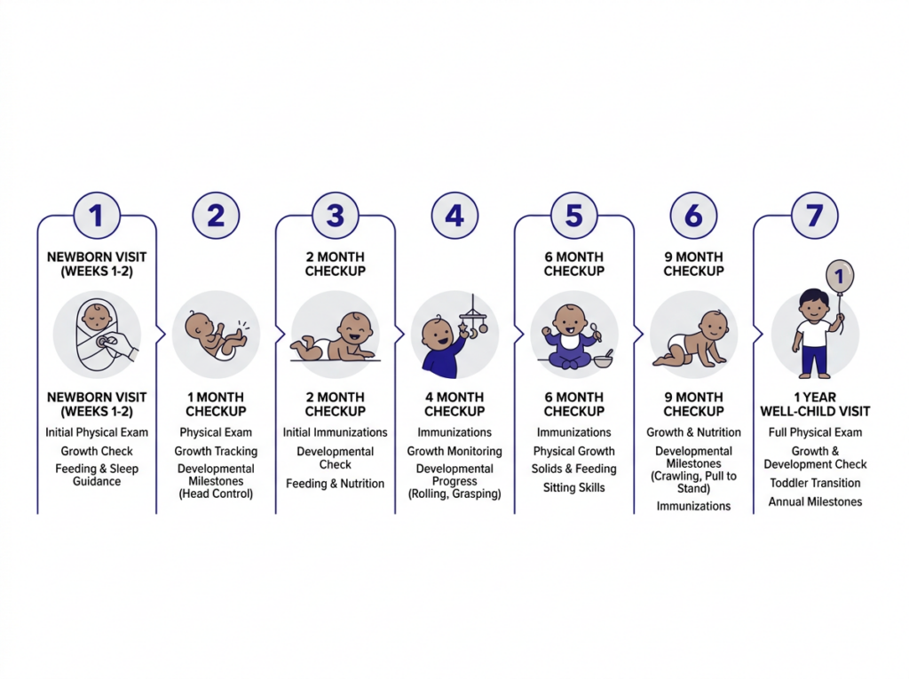 What happens at each newborn pediatrician visit