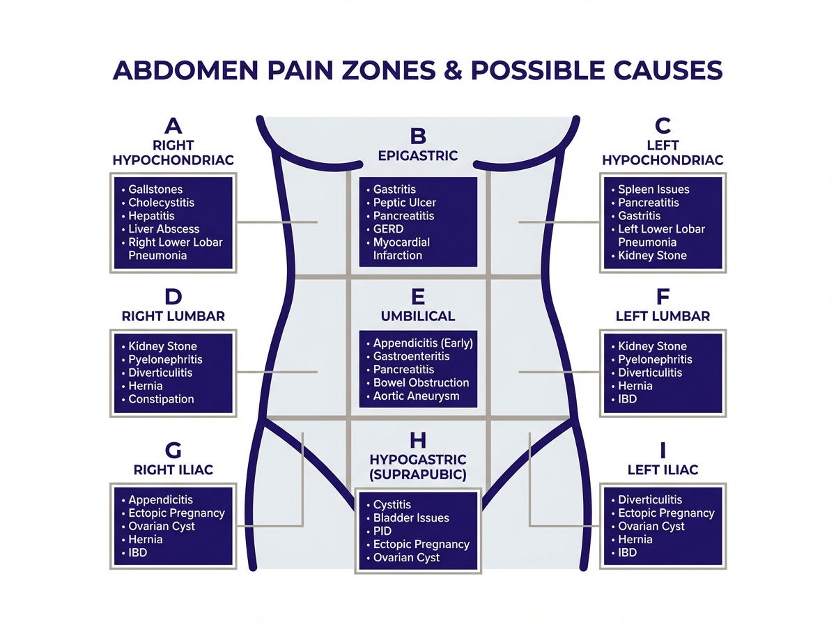 Mapa del abdomen mostrando ubicacion del dolor de estomago y posibles causas