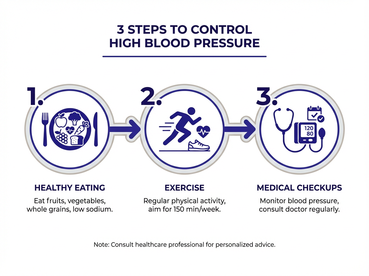 Tres pasos para controlar presion alta sintomas: dieta, ejercicio, medico