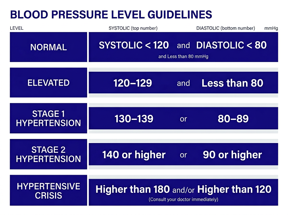 Tabla de niveles de presion arterial normal, elevada e hipertension