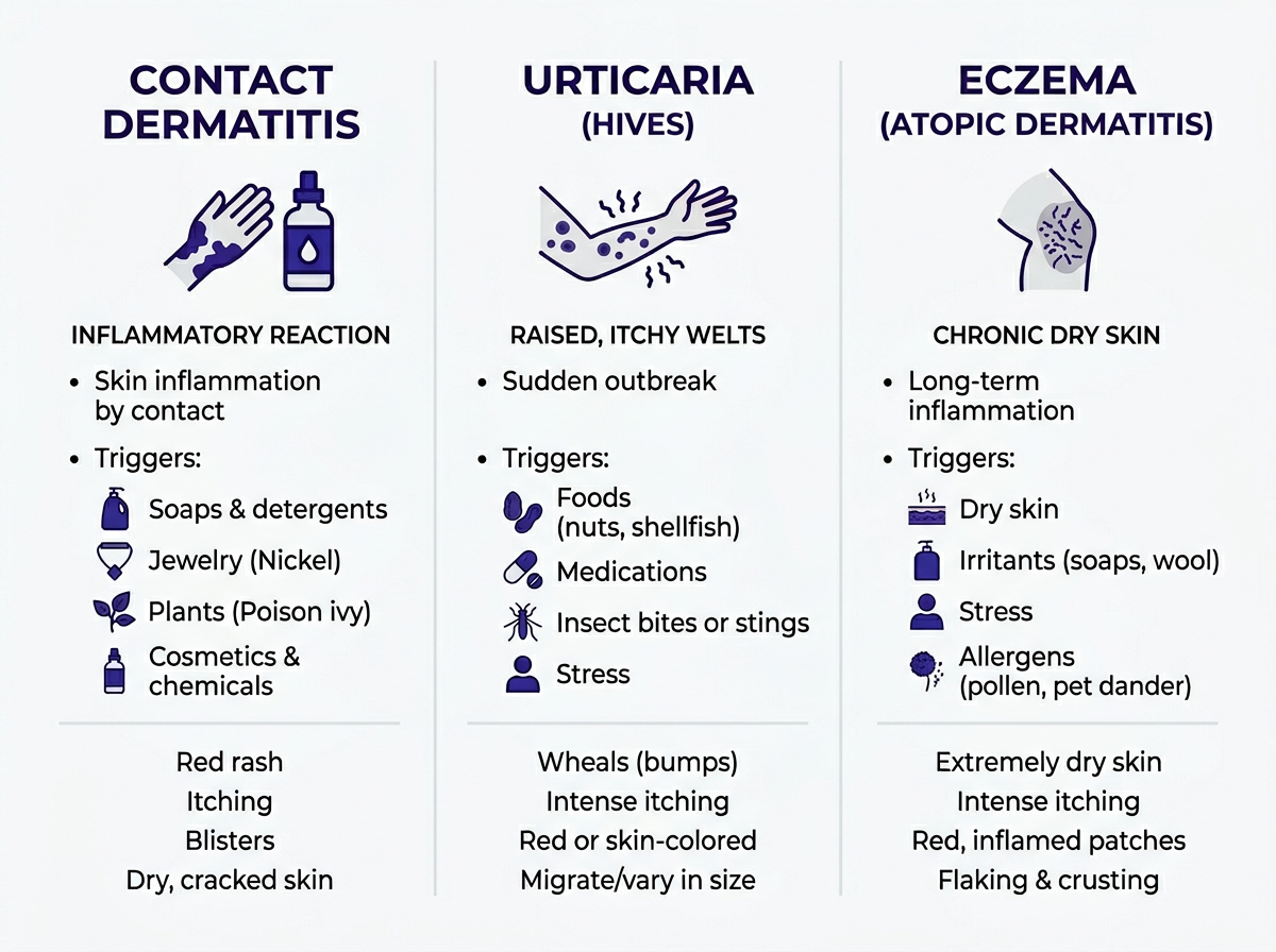 tipos de alergia en la piel tratamiento - dermatitis de contacto, urticaria y eczema