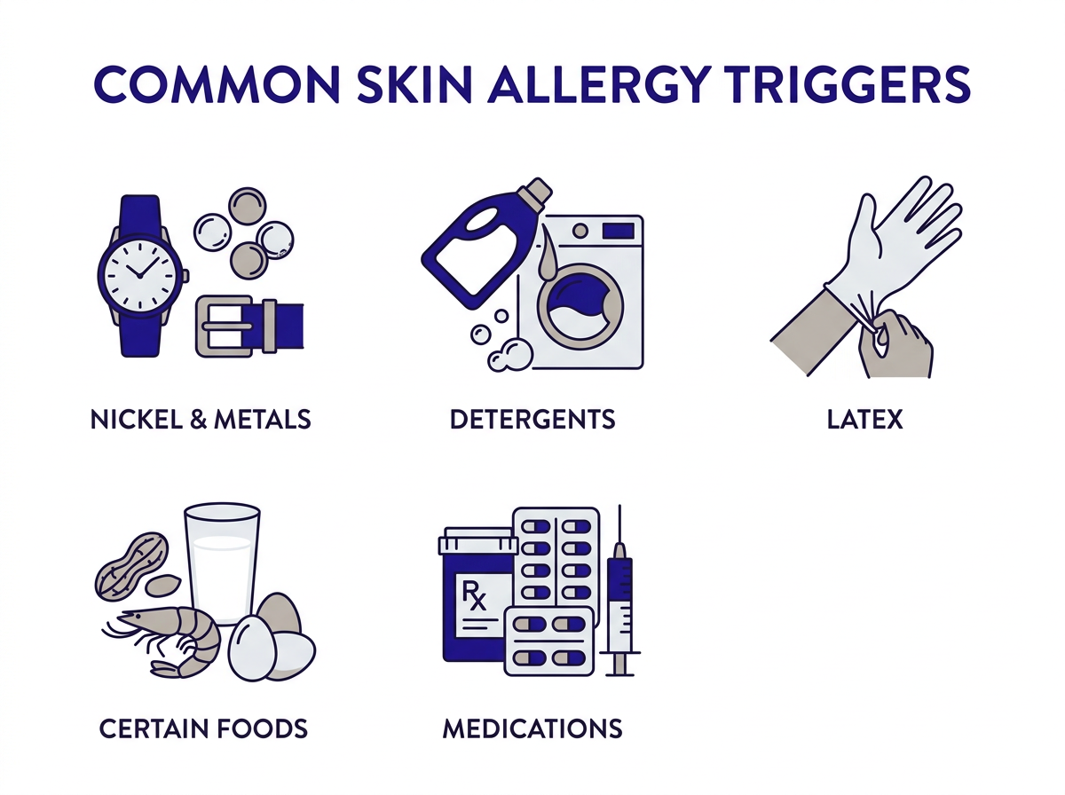 desencadenantes de alergia en la piel tratamiento - metales, detergentes, látex, alimentos, medicamentos