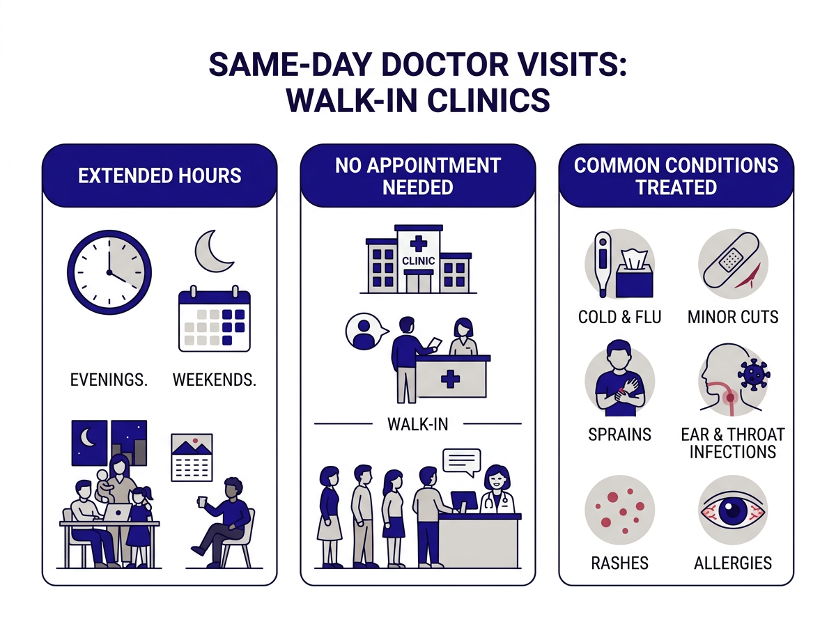 Infographic showing why patients search for a doctor office near me open today and how urgent care fills the gap