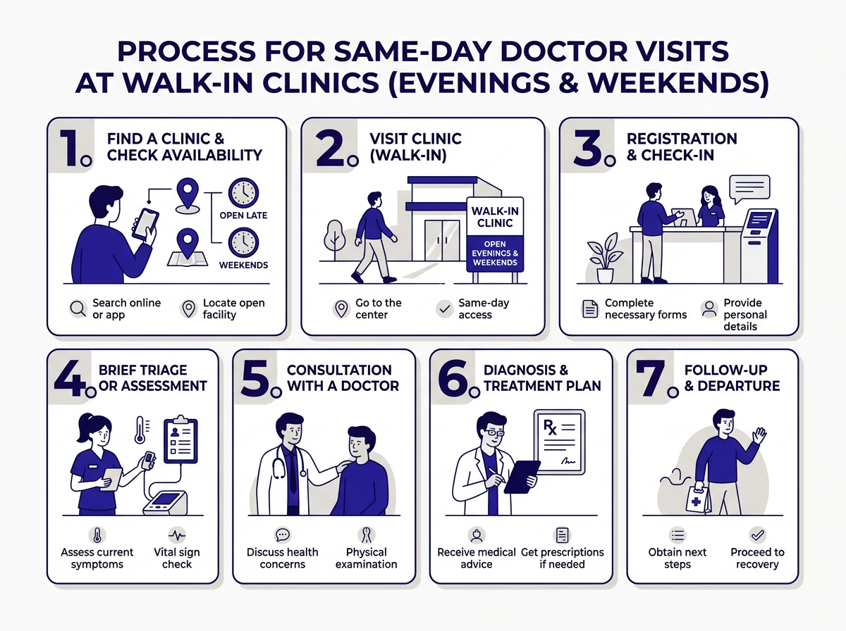 Infographic comparing same-day urgent care services including sick visits, physicals, lab work, and minor injuries
