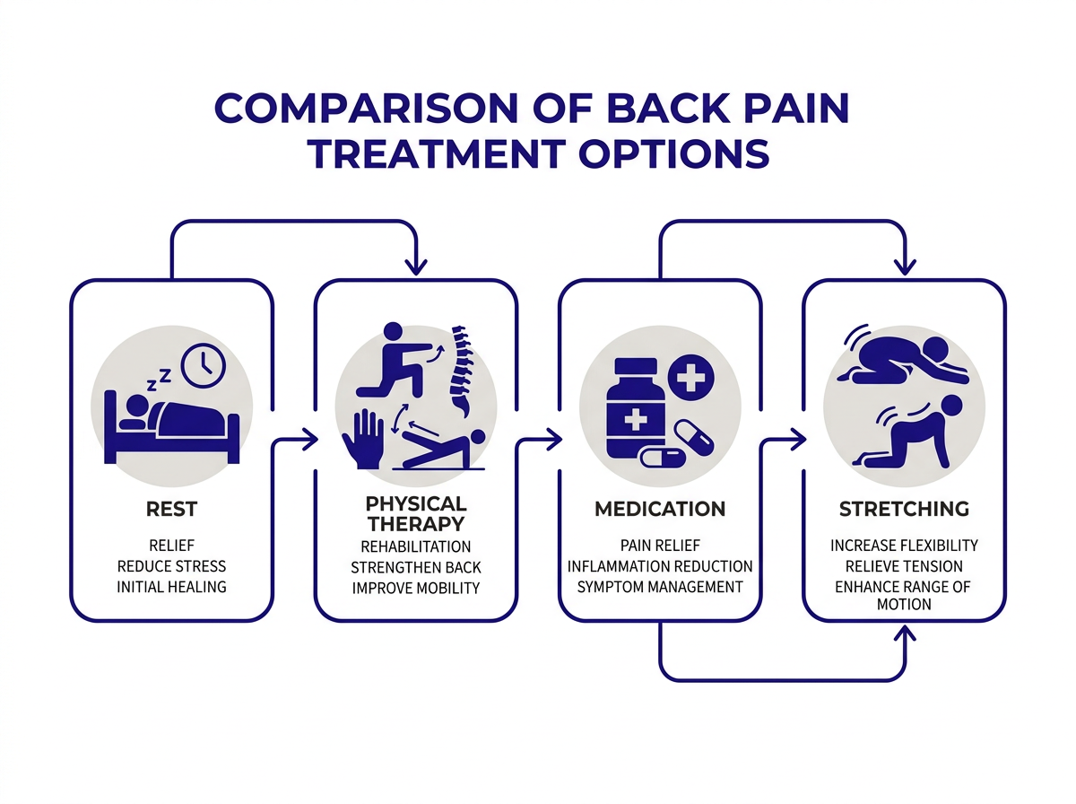 infografía tipos de tratamiento para dolor de espalda baja reposo terapia física medicación