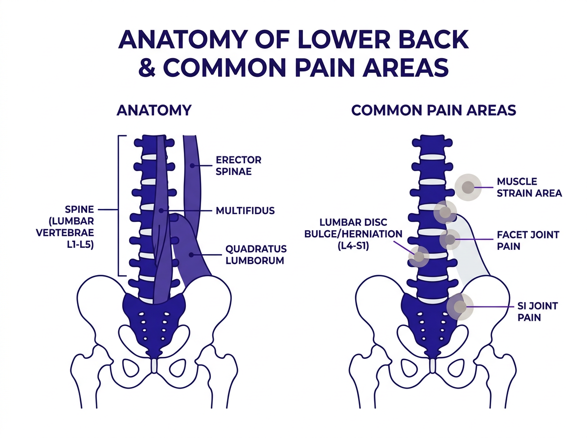 anatomía de la espalda baja columna músculos y zonas de dolor lumbar