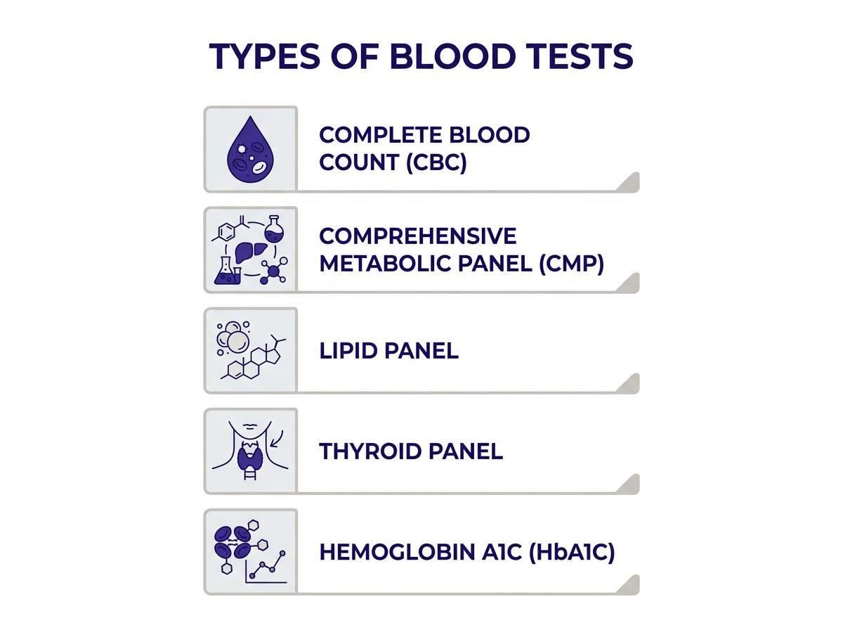 Tipos de exámenes de sangre: CBC, panel metabólico, lípidos, tiroides y A1C