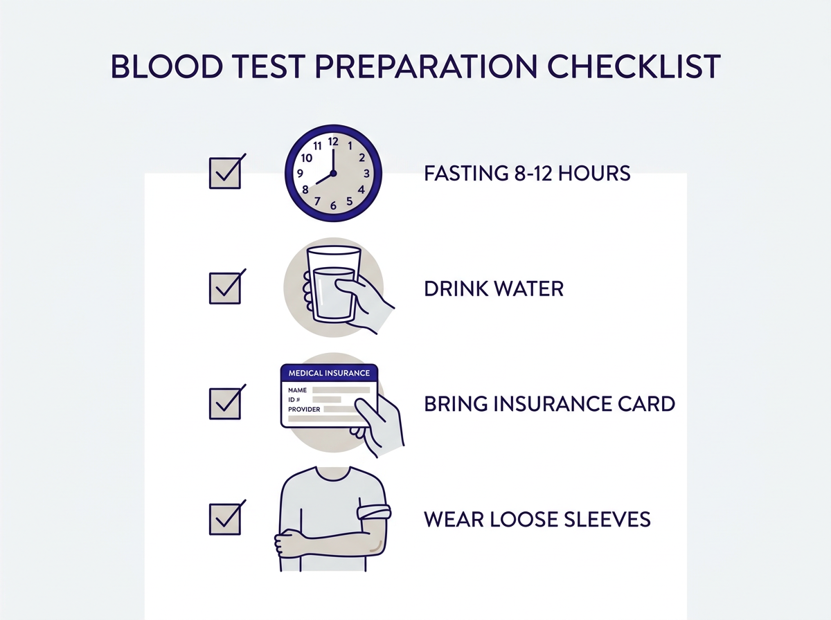 Lista de preparación para un examen de sangre: ayuno, agua, seguro médico, manga suelta