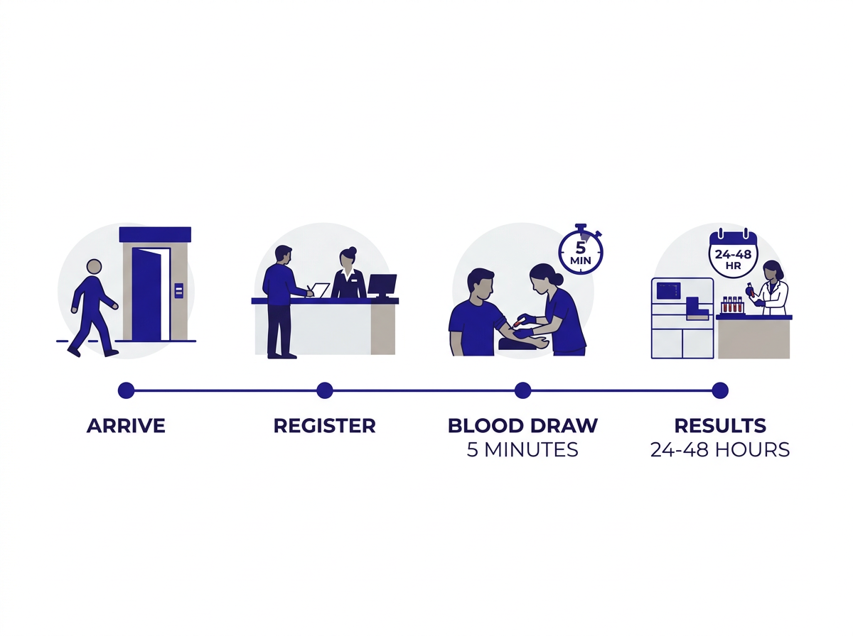 Proceso del examen de sangre: llegada, registro, extracción 5 minutos, resultados en 24-48 horas