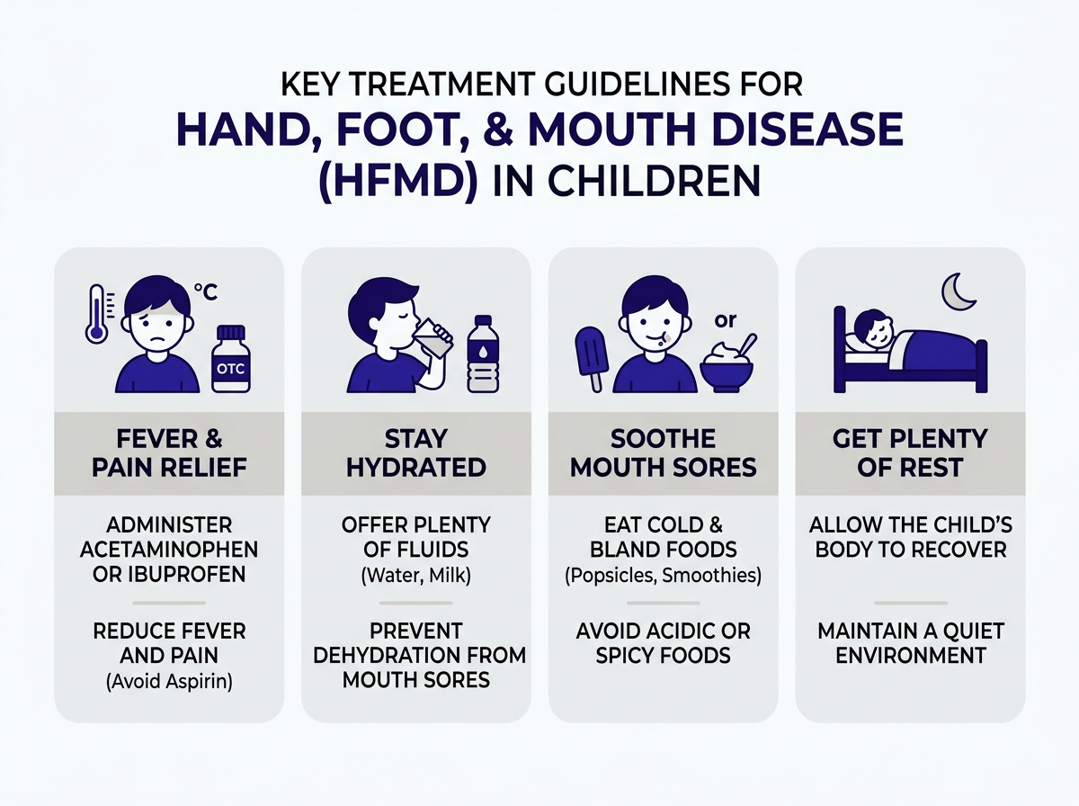 Hand foot and mouth disease treatment symptoms and care infographic