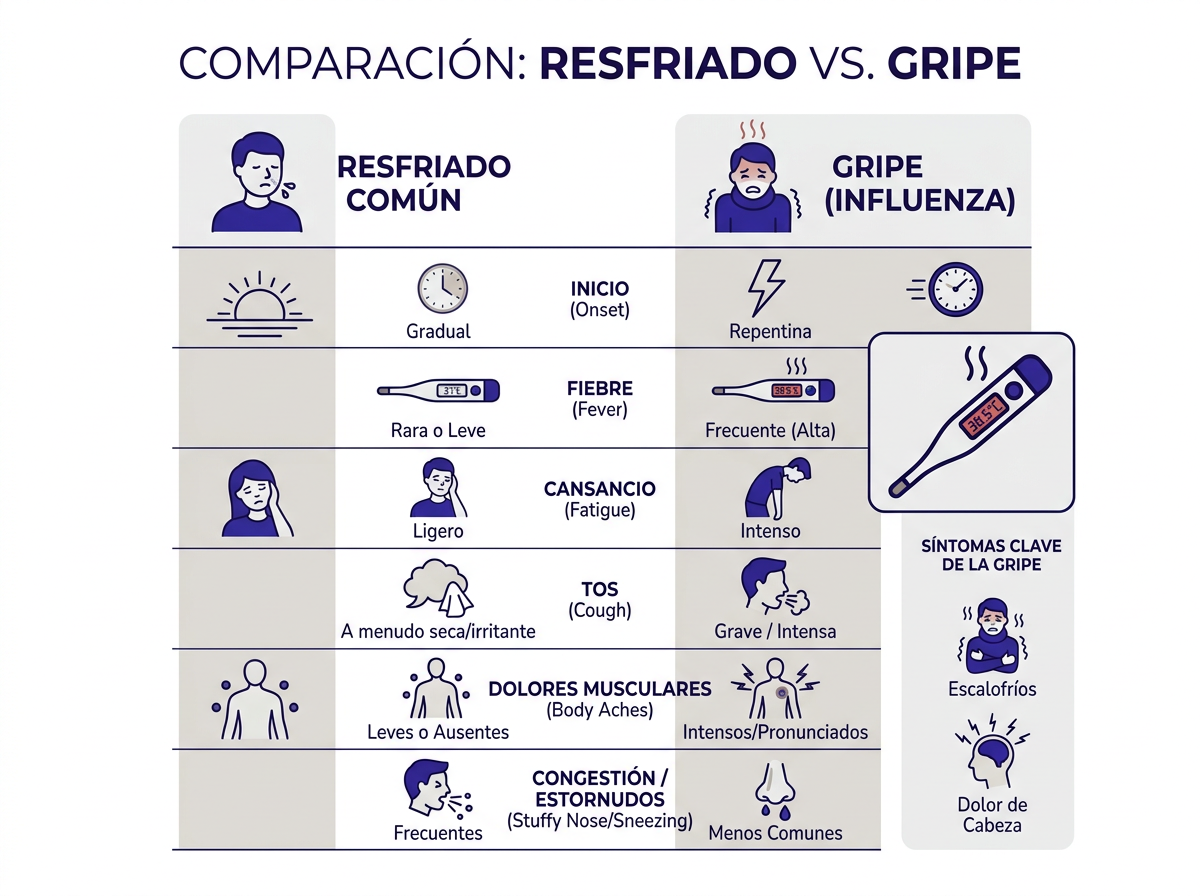 Resfriado vs gripe diferencias: tabla comparativa de síntomas