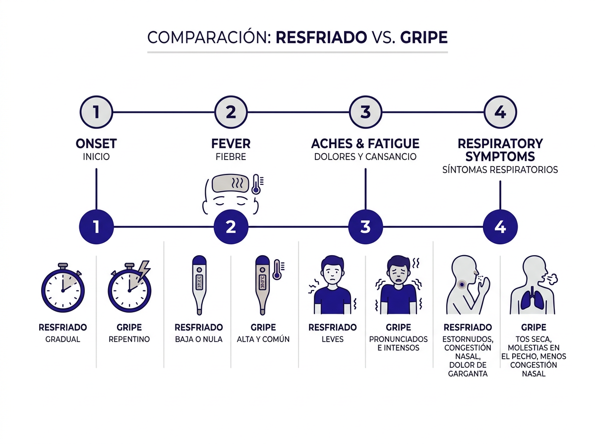 Tabla comparativa resfriado vs gripe con síntomas, duración y tratamiento
