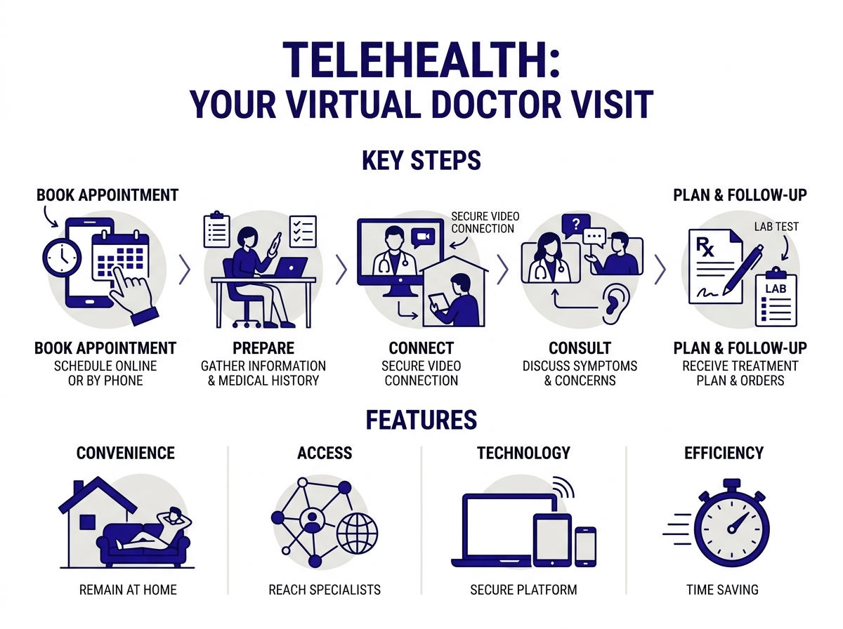 Infographic showing what a telehealth doctor near me can treat vs what needs in-person care