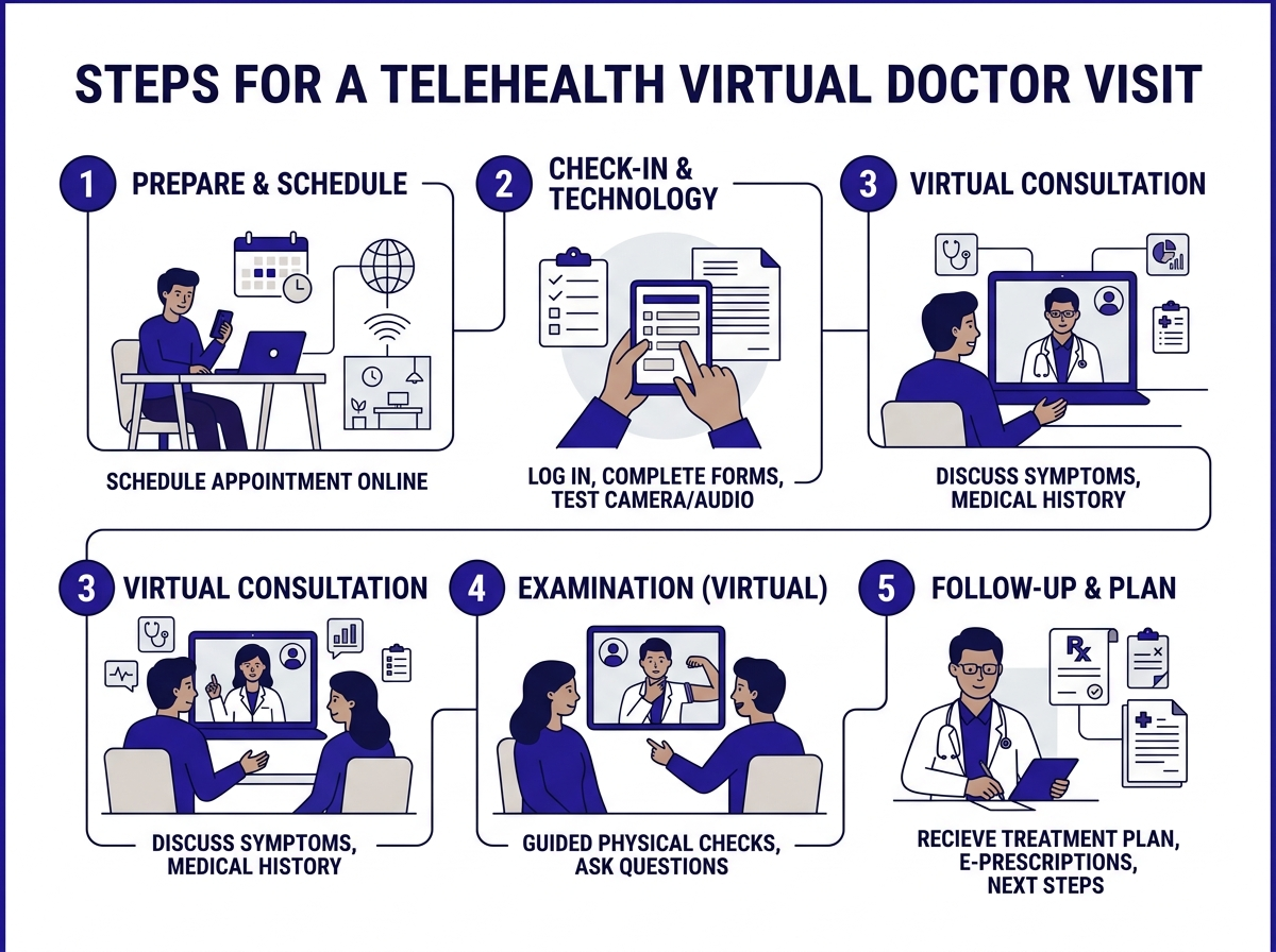 Step-by-step process for a telehealth doctor visit