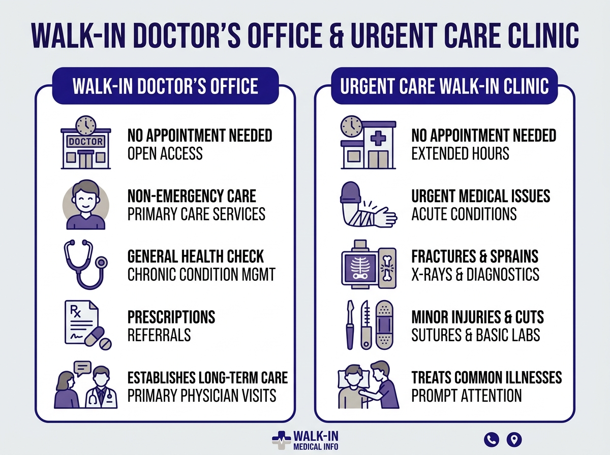 Comparison chart showing walk in doctors office near me options: retail clinic vs urgent care services