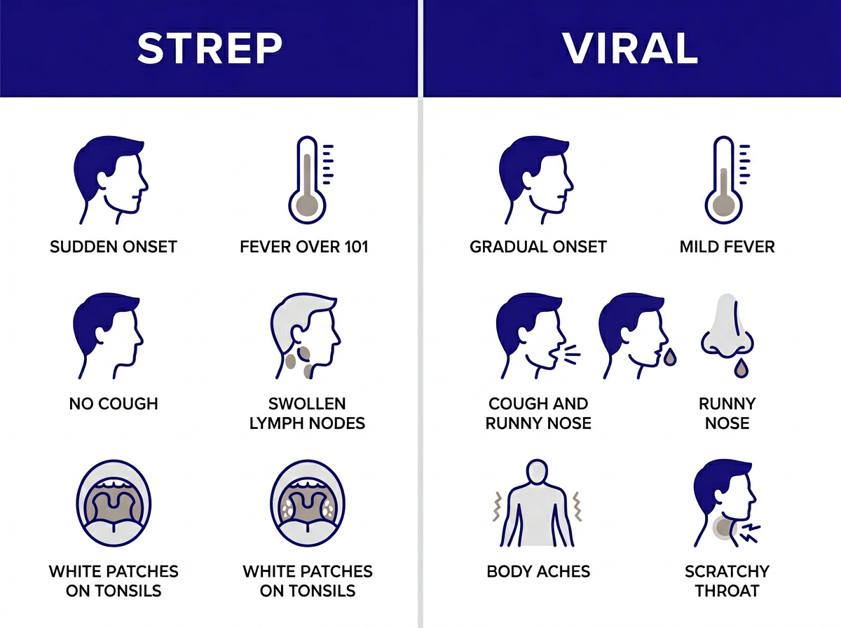 Comparison chart showing strep throat vs viral sore throat symptoms