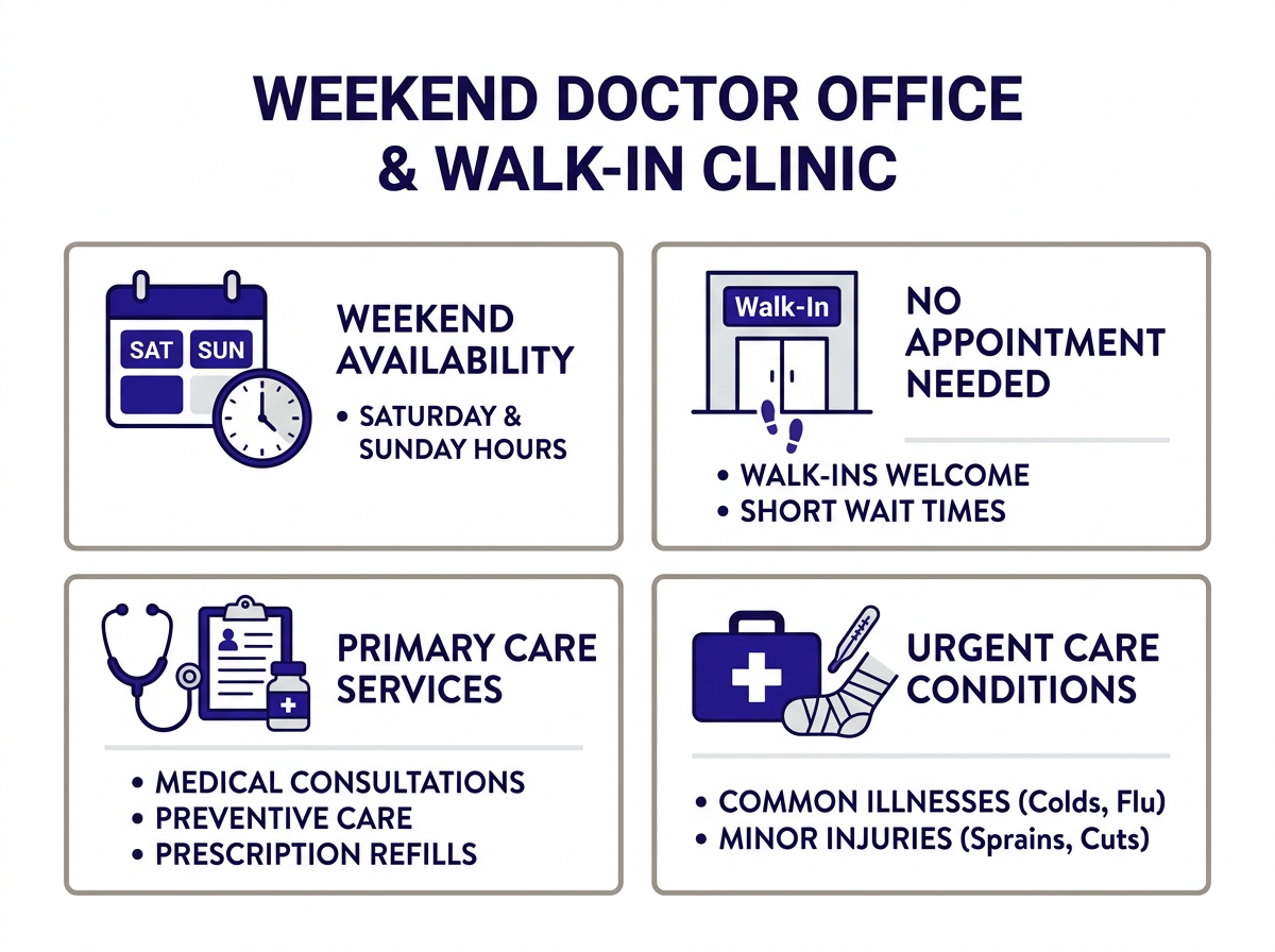 Common conditions treated at a doctor office open on weekends including respiratory illness, infections, injuries, and stomach issues