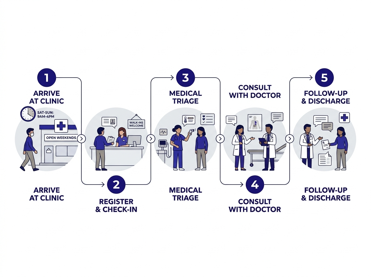 Five things to check before visiting a weekend doctor office including hours, services, insurance, walk-in policy, and provider credentials