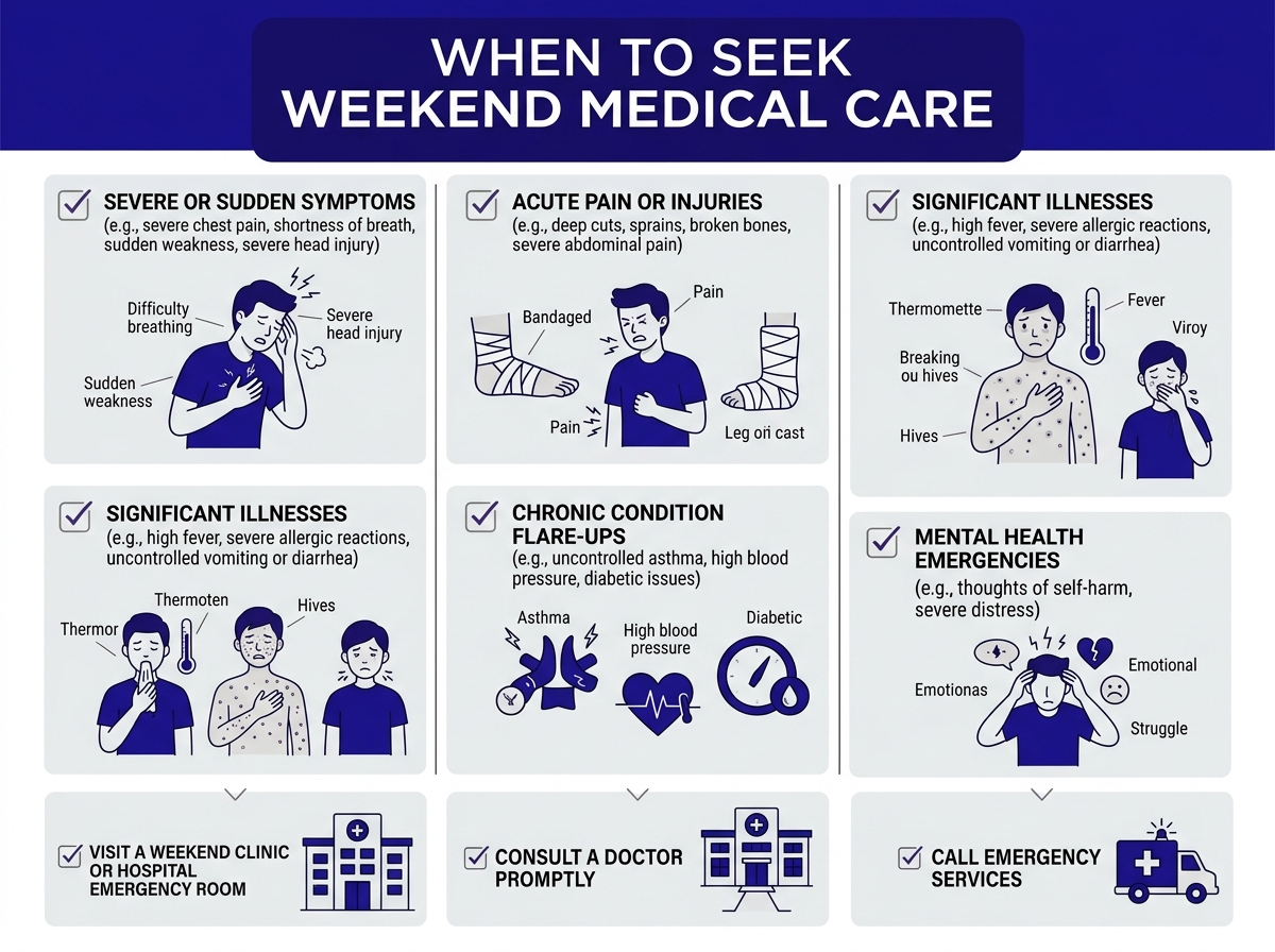 Weekend pediatric urgent care checklist showing when to visit urgent care versus the emergency room for children