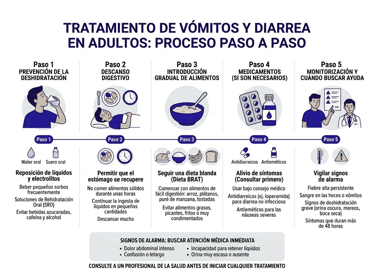 Infografía de hidratación y alimentación durante vómito y diarrea