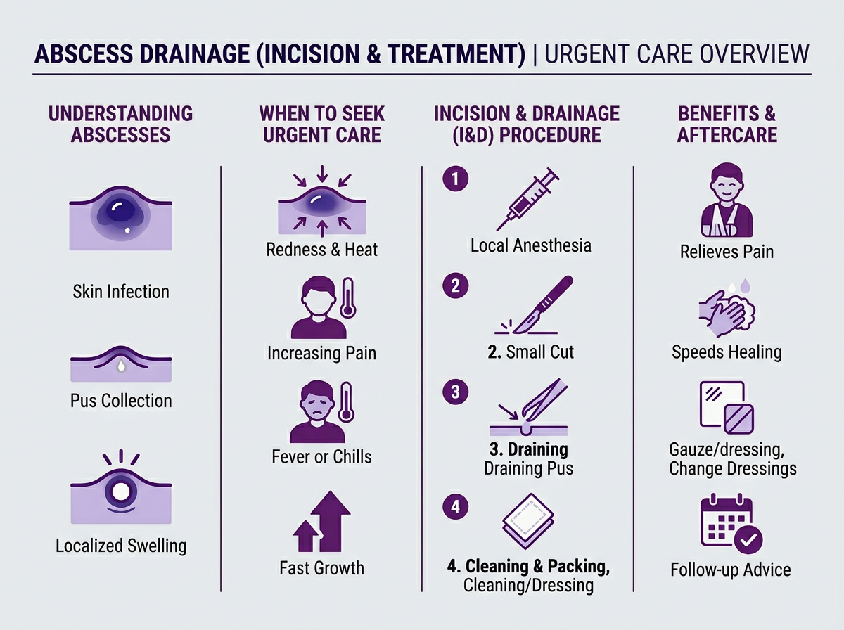 Infographic showing signs of a skin abscess that needs drainage at urgent care