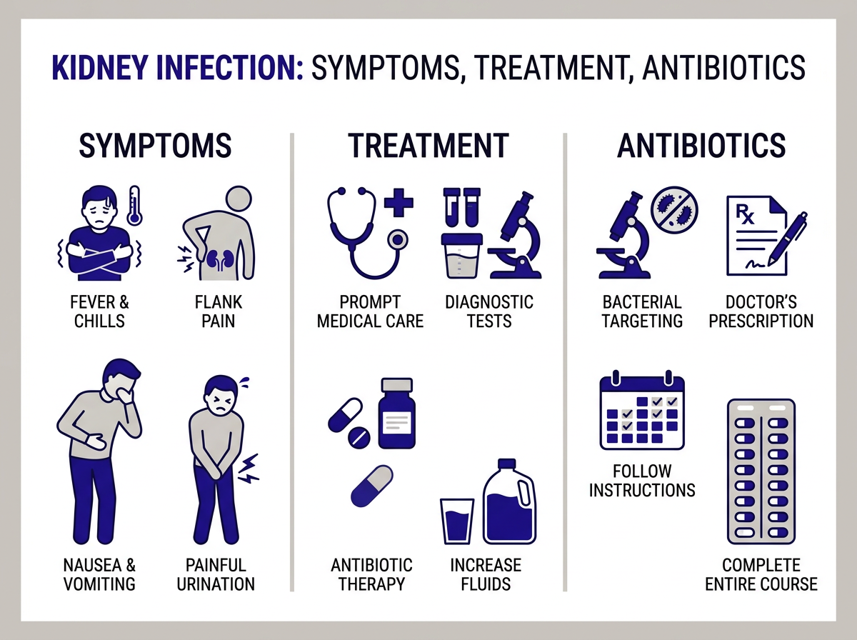 Common kidney infection symptoms including back pain fever and painful urination