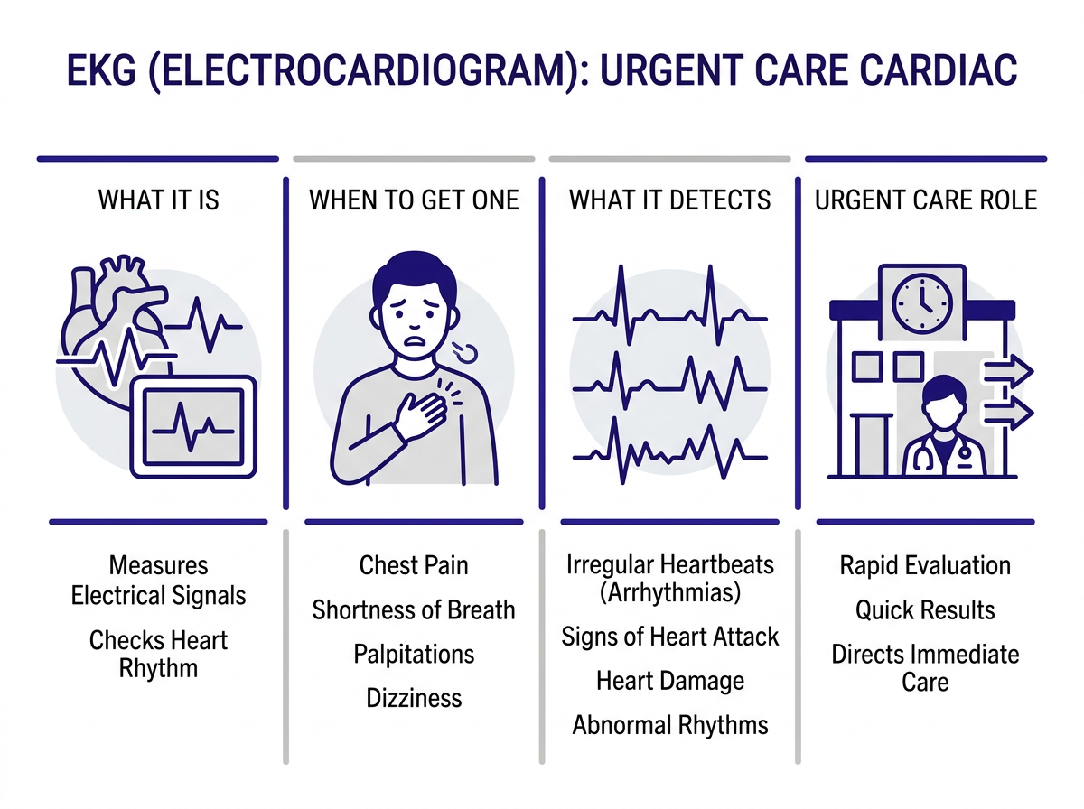 Infographic: can urgent care do an EKG for symptoms including chest pain, palpitations, shortness of breath, arrhythmia