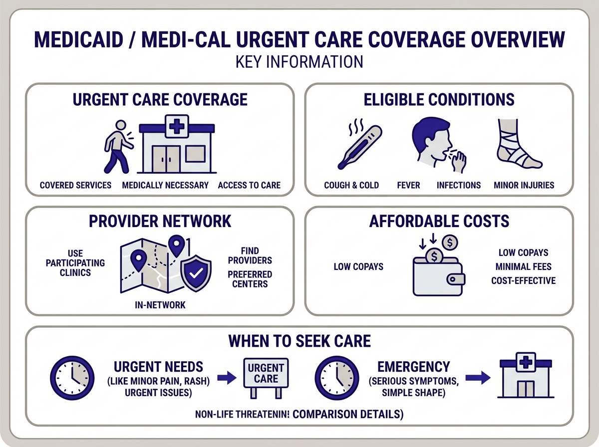 Infographic: does urgent care take Medicaid showing covered services including sick visits, labs, X-rays, and physicals
