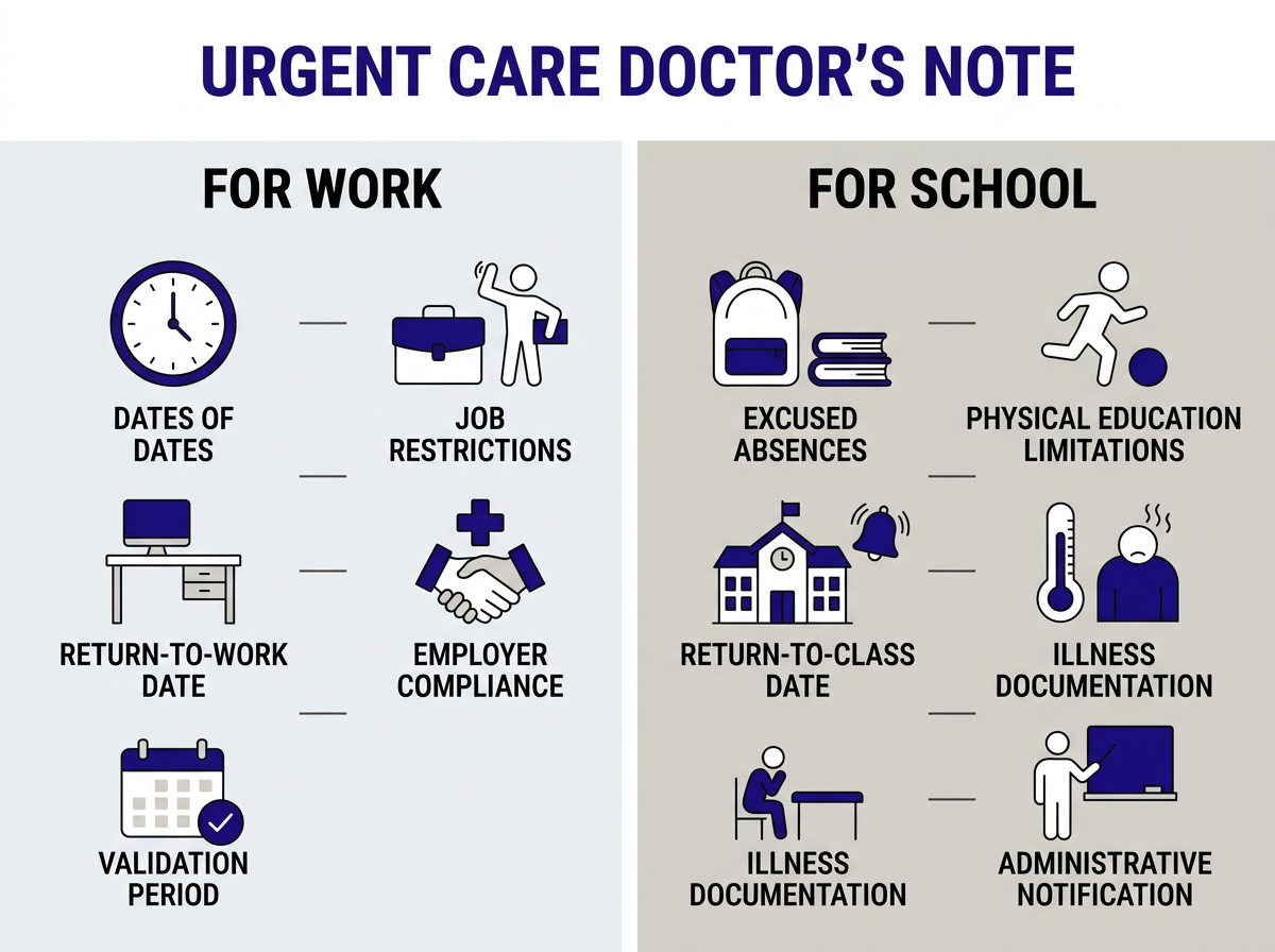 Sample urgent care doctors note for work showing key fields including dates and provider signature