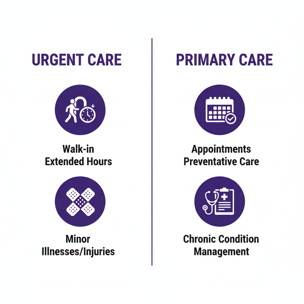 Infographic comparing urgent care vs primary care services, hours, and visit types